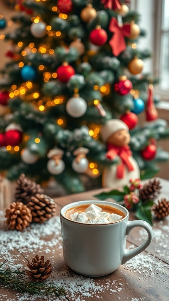 A warm Christmas scene with a decorated tree, hot cocoa, and falling snowflakes.